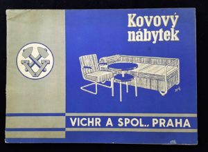 Image features the cover of the Kovový nábytek / Vichr a Spol catalogue, a gray and blue photomontage of tubular steel furniture and the company trademark.. Please scroll down to read the blog post about this object.