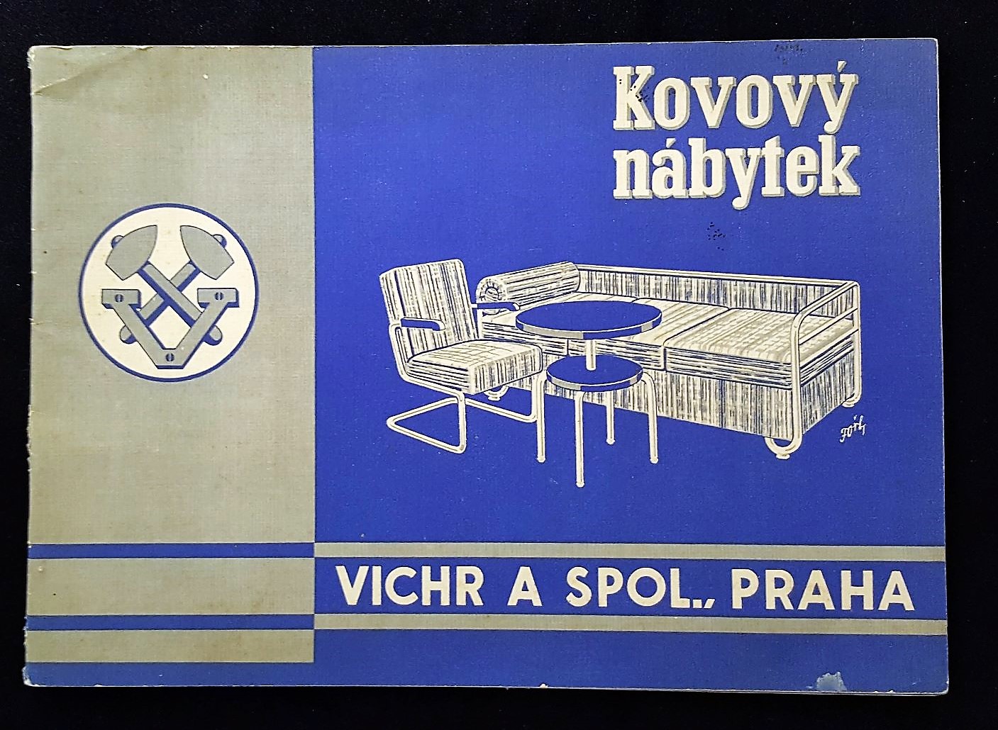 Image features the cover of the Kovový nábytek / Vichr a Spol catalogue, a gray and blue photomontage of tubular steel furniture and the company trademark.. Please scroll down to read the blog post about this object.