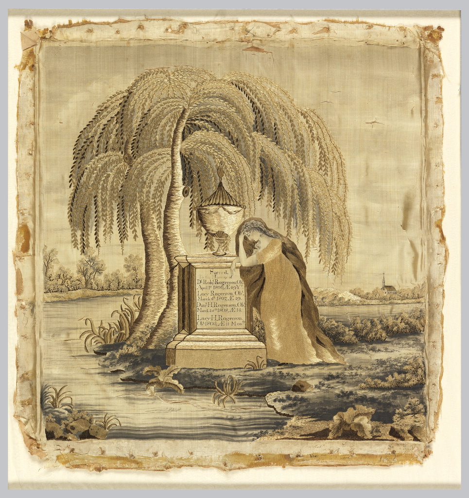 Image features: Embroidered picture, nearly square in format, depicting a mourning female figure leaning on a tomb surmounted by an urn under the shade of a weeping willow. The tomb bears the inscription: Sacred to the memory of Dr. Robt Rogerson. obt. April 1st 1806, AE 49 y's. Lucy Rogerson. obt. March 4th, 1807, AE 39. Danl. H. Rogerson. obt., March 25th, 1808, AE 14. Lucy H. Rogerson. obt. 1803, AE 11 months. Embroidered in tan silk with toned watercolor washes. Trial sketch of head on left margin and trial letters in lower right and bottom margins. Please scroll down to read the blog post about this object.