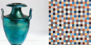 Verbal description tour on materials and processes. Image of a metallic teal vase and graphic textile in woven shades of brown and blue. Scroll down for program information.