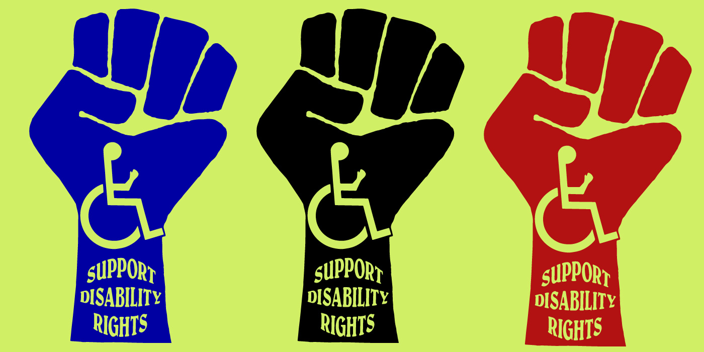 Three graphic fists with an accessibility icon and the words "support disability rights" in bold blue, black and red on a bright green background