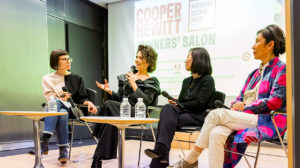Image of Curator Andrea Lipps listens to NDA winners Neri Oxman, Mikyoung Kim, and Christina Kim at a winners' panel discussion