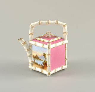 Image features a square teapot in pink with white and gilt angled bamboo edges. Triangular spout at corner opposite handle. Decorated with landscape view on one side. Please scroll down to read the blog post about this object.
