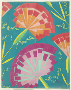 Image features design drawing showing large fan-shaped flowers in pink, purple, and orange on a turquoise ground. Please scroll down to read the blog post about this object.