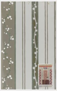 Image shows striped wallpaper design with attached lithograph of room interior. Please scroll down to read the blog post this object.