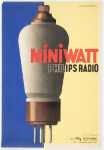 Image features a poaster with blue and yellow background. In the foreground, an image of a Philips Miniwatt Type E444 diode-tetrode radio value lamp, in shades or grey and brown. "MiNiWATT" is printed in red, while "PHILIPS RADIO" is rendered in solid black letters, outlined in white. Please scroll down to read the blog post about this object.