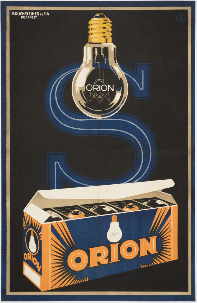 Image features a black background with letter "S" outlined in blue, evoking a fluorescent light. A box of Orion light bulbs is in the foreground in the lower register of the poster, printed in blue, orange, and white. A light bulb hangs in the center of the upper register, with the word "Orion" printed across it, and printed in white and gold. Please scroll down to read the blog post about this object.