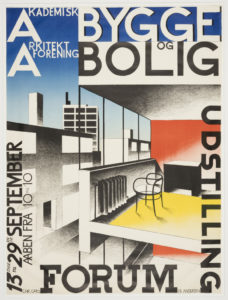 Image features illustration of Bauhaus-style urban buildings. Buildings rendered in black and white, against a blue background. An open balcony is colored red and yellow. Poster features text advertising the exhibition Bygge og Bolig Udstilling (Exhibition of Buildings and Homes) at the Forum. Lettering in black and white. Please scroll down to read the blog post about this object.