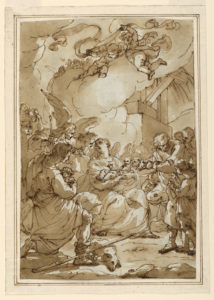 Images features the Virgin Mary, seated in a stable, holding the infant Jesus, who emits a radiant light. The pair are surrounded by a group of adoring angels and shepherds, while above, the rafters open to a heavenly scene of clouds and putti. Please scroll down to read the blog post about this image.