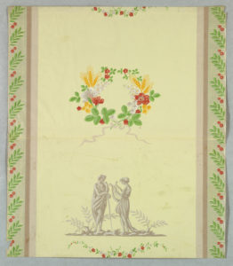 Image shows a neoclassical-style wallpaper with an image of two figures on a plateau alternating with a foliate wreath. Please scroll down to read the blog post about this object.