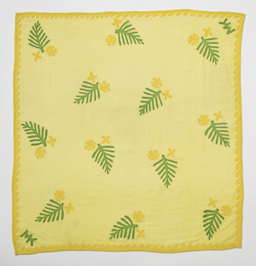 Object features: Square scarf of yellow silk crepe with an appliqué design of leaves and small flowers in green and yellow. Initials MK appliquéd in two corners. Please scroll down to read the blog post about this object.