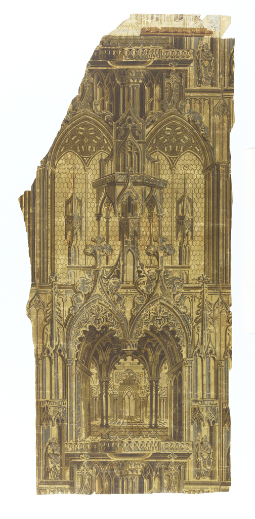 Image shows wallpaper with trompe l'oeil design of Gothic architecture. Please scroll down to read the blog post about this object.