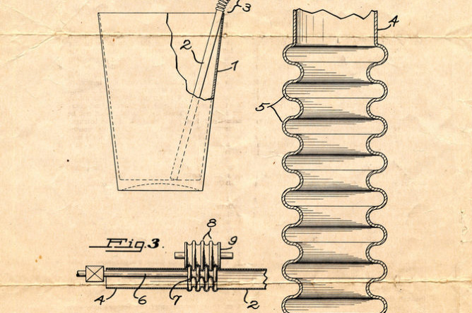 Image of a parchment drawing rendering a drinking cup and straw.
