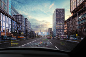 Rendering of the view of the street from the front seat of a car, with text and iconography noting elements of the cityscape.