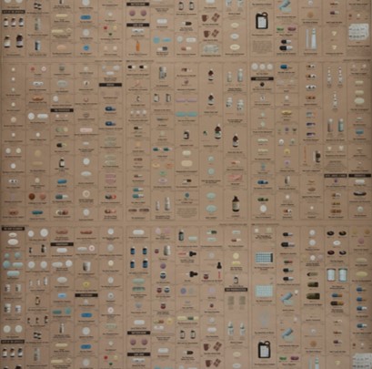 Image features a wallpaper pattern of pharmaceuticals, appearing like the Physician's Desk Reference. Please scroll down to read the blog post about this object.
