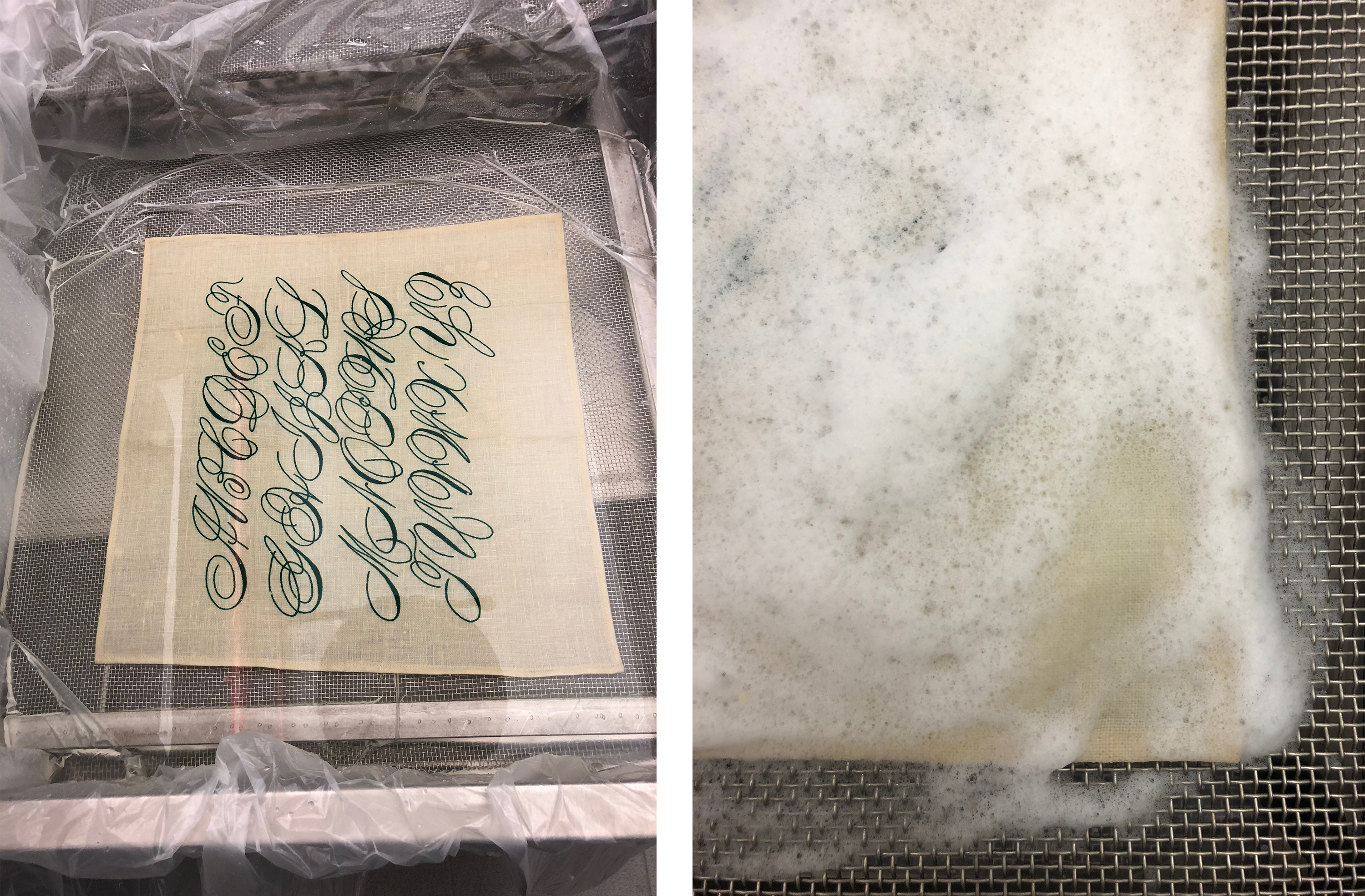 Composite image of two photographs of a square of textile being cleaned with water and detergent.