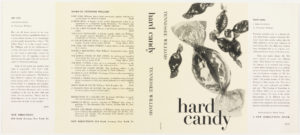 Image features front and back covers that have black printed text against a pale yellow background. Front cover incorporates various black and white photoillustrations of hard candies in cellophane wrappers. Please scroll down to read the blog post about this object.