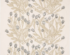 Image features a length of off-white cotton canvas, screen-printed with loosely drawn bunches of tulips, with dark olive outlines, light olive leaves and charcoal gray blossoms, highlighted in white pigment. Please scroll down to read the blog post about this object.