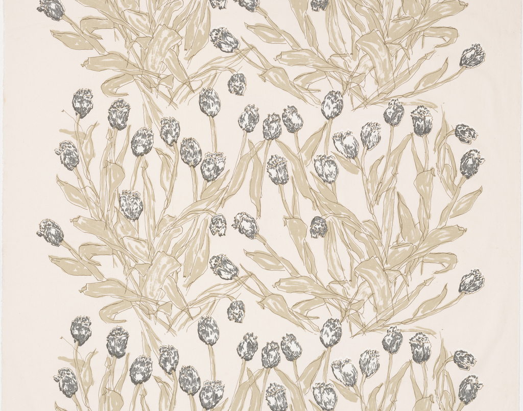 Image features a length of off-white cotton canvas, screen-printed with loosely drawn bunches of tulips, with dark olive outlines, light olive leaves and charcoal gray blossoms, highlighted in white pigment. Please scroll down to read the blog post about this object.