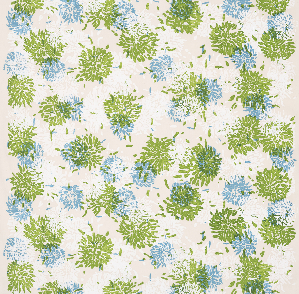 Image features length of off-white cotton canvas screen-printed with painterly clusters of chrysanthemums in green, blue and white. Please scroll down to read the blog post about this object.