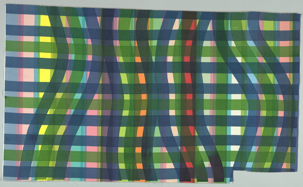 Image features a cotton textile printed with hand-pulled stripes of red, pink, orange, yellow, teal, and light blue, with a plaid of straight and curving lines applied on top in emerald green and navy. Please scroll down to read the blog post about this object.