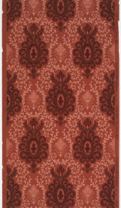 Image shows a deep red wallpaper design with medallions on a patterned background. Please scroll down for additional information on this object.