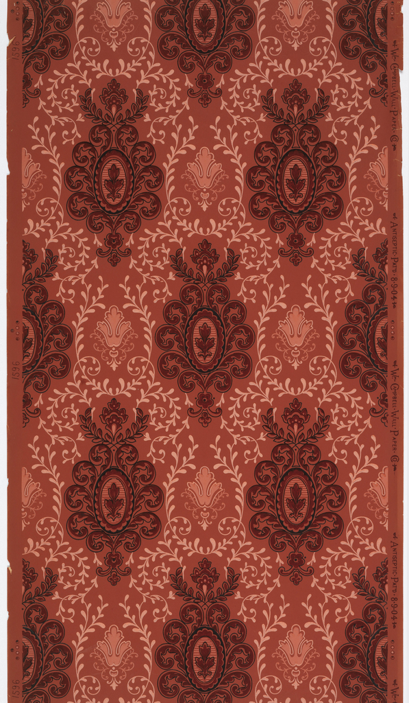 Image shows a deep red wallpaper design with medallions on a patterned background. Please scroll down for additional information on this object.