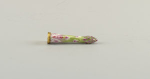 Image festures porcelain etui in the form of a naturalistic asparagus tip with hinged lid at base. Please scroll down to read the blog post about this object.