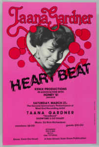 Image features poster with hot pink background, an upcoming musical performance is announced. The singer’s name, Taana Gardner is written in curly red letters across the top, and a black and white portrait of the young singer gazes flirtatiously out at the viewer from within the frame of a red heart, out of which a devil’s tail emerges. She is also surrounded by red hearts of various sizes. Beneath her portrait, the title of her song, “Heartbeat” is printed in a bold, black, shattered typeface. The lower half of the poster provides information on the details of the upcoming show. Please scroll down to read the blog post about this object.