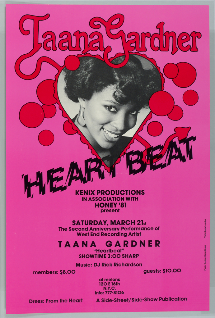 Image features poster with hot pink background, an upcoming musical performance is announced. The singer’s name, Taana Gardner is written in curly red letters across the top, and a black and white portrait of the young singer gazes flirtatiously out at the viewer from within the frame of a red heart, out of which a devil’s tail emerges. She is also surrounded by red hearts of various sizes. Beneath her portrait, the title of her song, “Heartbeat” is printed in a bold, black, shattered typeface. The lower half of the poster provides information on the details of the upcoming show. Please scroll down to read the blog post about this object.