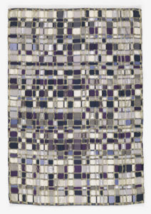 Images features: Field of 972 mosaic squares in different shades of blue and metallic with natural color palm fiber complementing the indigo and metallic and partially forming the frame of the mosaic. Please scroll down to read the blog post about this object.