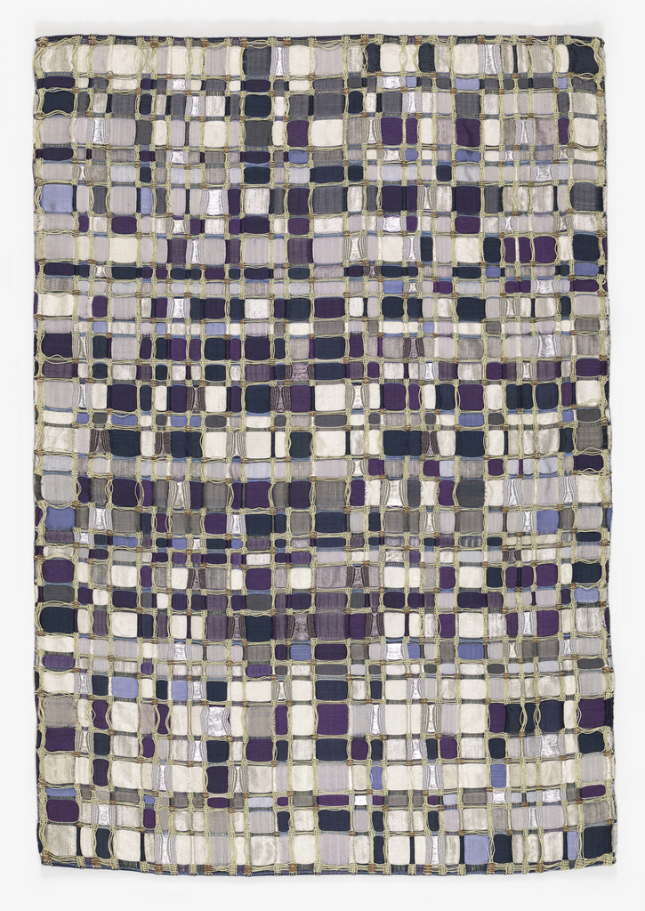 Images features: Field of 972 mosaic squares in different shades of blue and metallic with natural color palm fiber complementing the indigo and metallic and partially forming the frame of the mosaic. Please scroll down to read the blog post about this object.