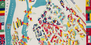 A colorful map of queens depicting the 1939 World's Fair buildings and events.