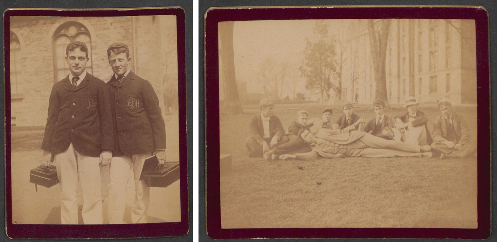 A composite image of two photographs. On the left is a photograph of two young men standing in front of a stone building with gothic windows. The two men are dress in dark jackets and light pants with shirts and neckties. They each hold a small square box and are looking directly at the camera. The right photoraph pictures seven young met sitting on a lawn with one additional man lying on his side in front of them. They are all dress in three-piece suits, and all are looking directly at the camera except for one, who looks at the man lying. Pictured in the distance is a large, collegiate-looking building and a number of tall trees.