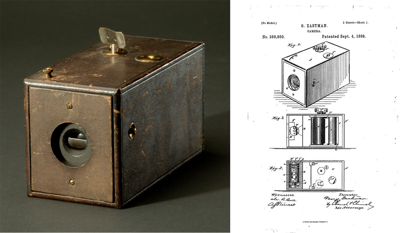 A composite image of an photograph and a patent. On the left is a photograph of an old camera. It is positioned at three-quarter view, and is a brown, boxy rectangle. At the front is a circular exposing the lense. At the top is a flat piece of metal that appears to be a winding mechanism. The right image is of a nineteenth-century patent for the camera pictured at left. In all black on a white background, text at the top read