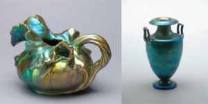 On the left an organic leaf-like small pitcher made from a green reflective material. On the right, a deep teal vase.