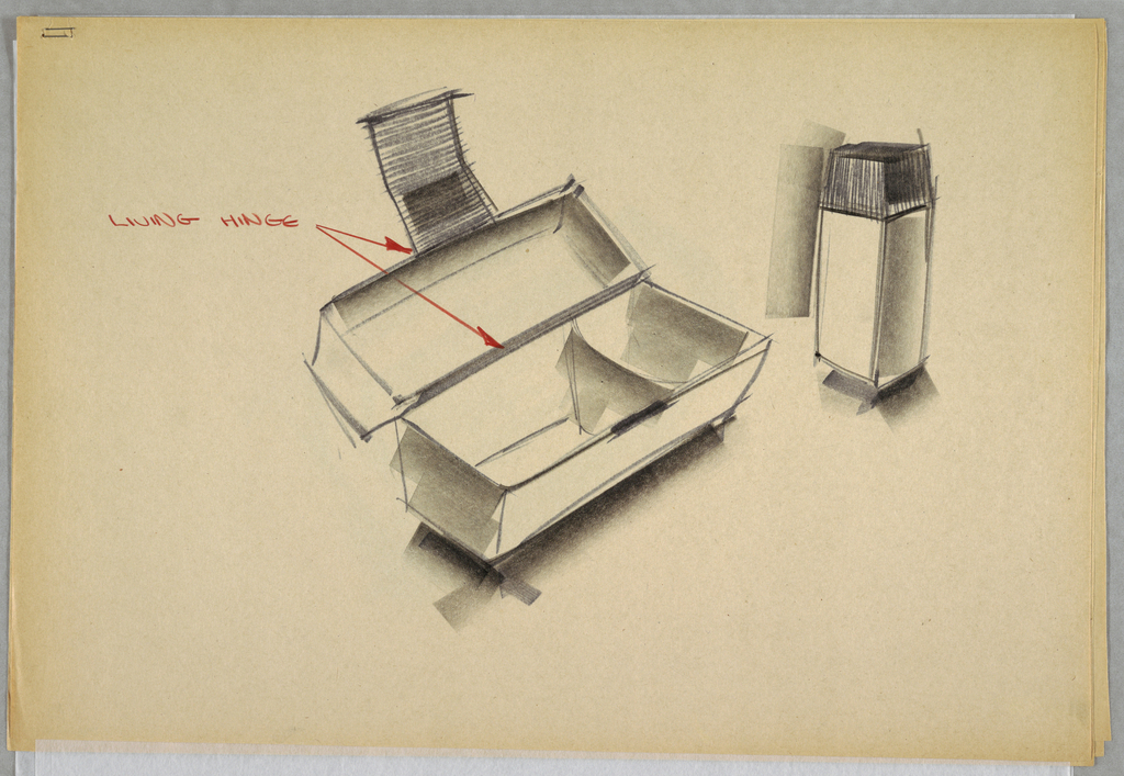 Design for a plastic lunchbox with matching insulated bottle. At center, lunchbox shown in open position. Bottom and top are trapezoidal volumes; bottom features divided food storage compartment while lid features a “bottle lock” to keep bottle in place inside lid (lock shown in open position with rectilinear bottle standing nearby at right). This as well as the hinge connection the two sections are living hinges, meaning they consist of one malleable piece of plastic.