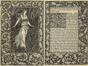 Image features the opening spread of William Morris's book, The Wood Beyond the World. The pages include an illustration of a willowy maiden stepping forward in a lush meadow and elaborate ornamentation. Please scroll down to read the blog post about this object.