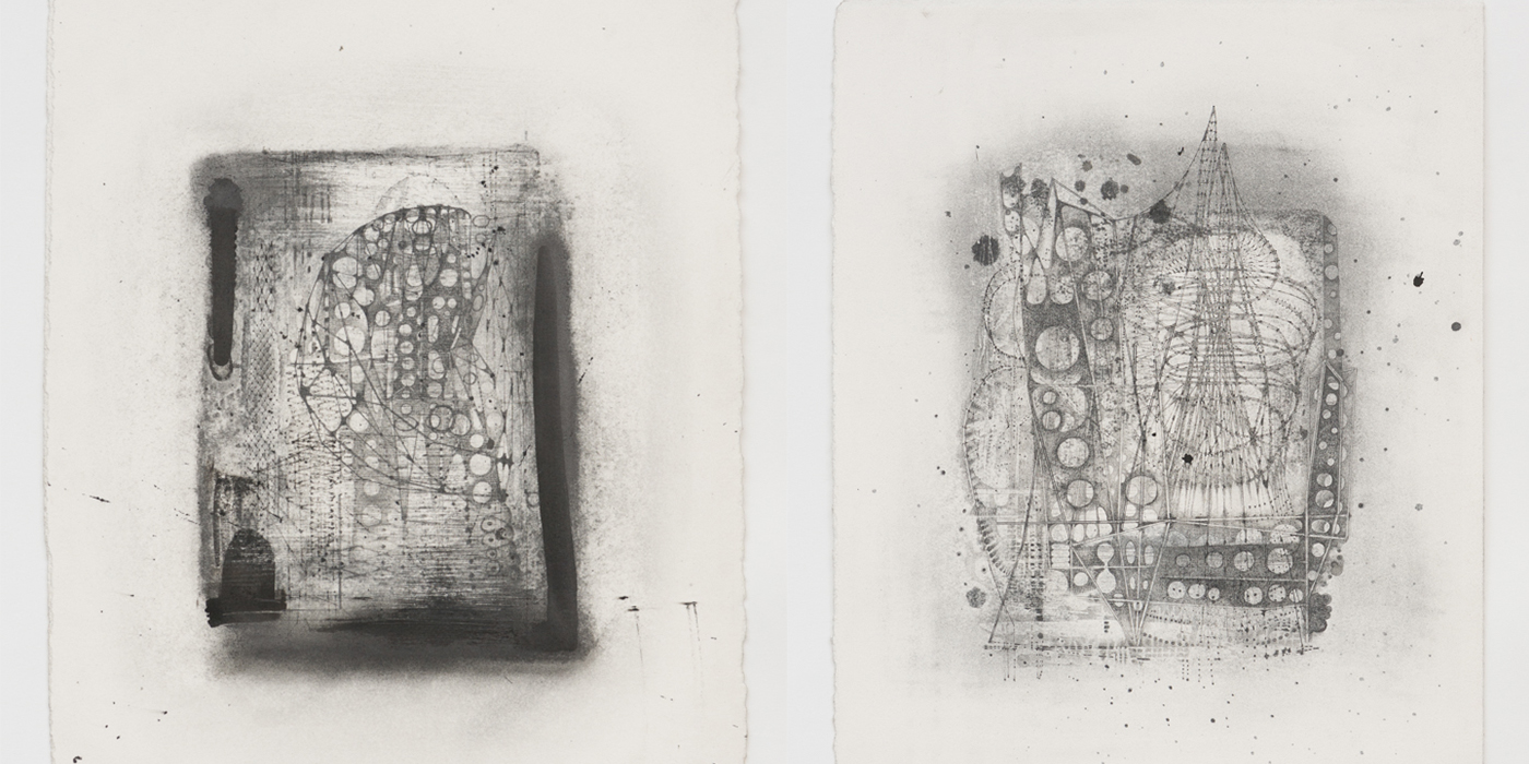 Two side-by-side abstract drawings in black ink on off-white paper.