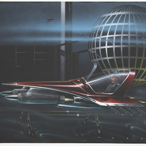 Drawing of flying red vehicle in a futuristic landscape