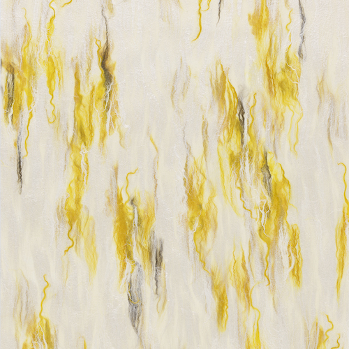 Pattern of randomly placed wispy patches of yellow and gray on an off-white background