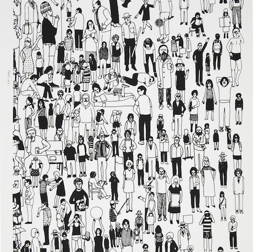 Black and white, cartoonish illustration of a large number of different people