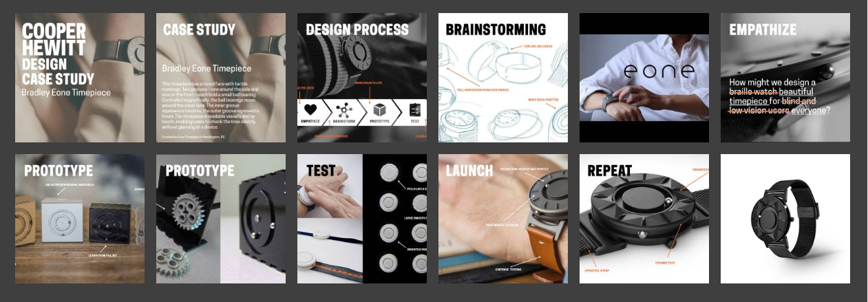 A graphic with two rows of six images detailing the design process of the Bradley Eone Timepiece