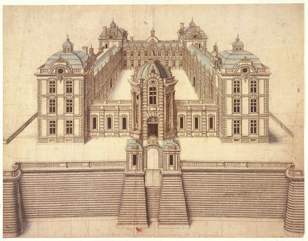 A detailed drawing on aged paper of a grand building with a large courtyard