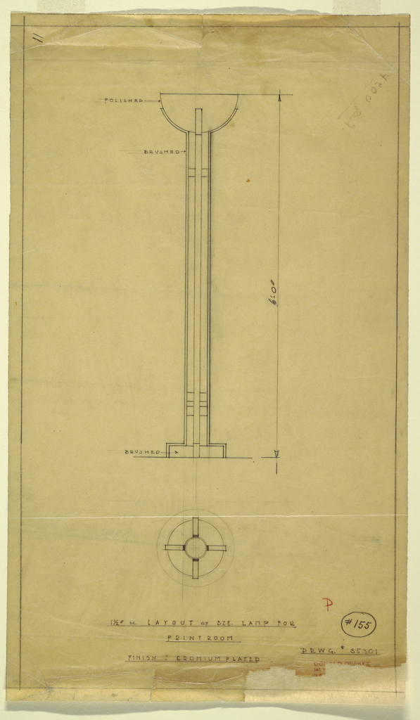 Image features a design for chromium-plated bronze floor lamp for the print room of Abby Aldrich Rockefeller’s Topside Gallery in the Rockefeller townhouse at 10 W 54th Street, New York, New York. Above at center, object shown in elevation: circular foot in brushed chromium supports four lengths of rectangular brushed chromium straps that angle upward, stabilized by a pair of rings below and a single ring above, to hold polished chromium, semispherical shade. Below, object shown in plan. Please scroll down to read the blog post about this object