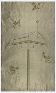Image features a wallpaper with four birds flying around a large birdhouse. Please scroll down to read the blog post about this object.