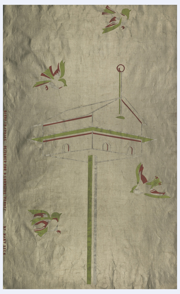 Image features a wallpaper with four birds flying around a large birdhouse. Please scroll down to read the blog post about this object.