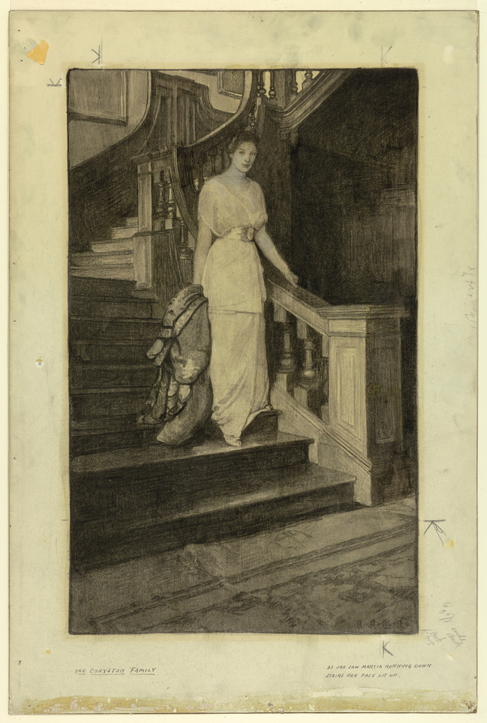 Image features a young woman in a period gown descending a grand, curving staircase. Her left hand is resting on the bannister, and her right hand holds a cloak, dragging on the stairs. Please scroll down to read the blog post about this object.