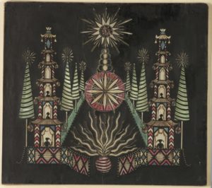 Colorful Chinese lantern and pagodas made of cut paper on wood frame.