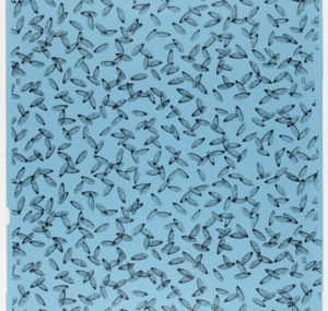 Image features a wallpaper with a pattern of insect wings printed in black on a bright blue ground. Please scroll down to read the blog post about this object.